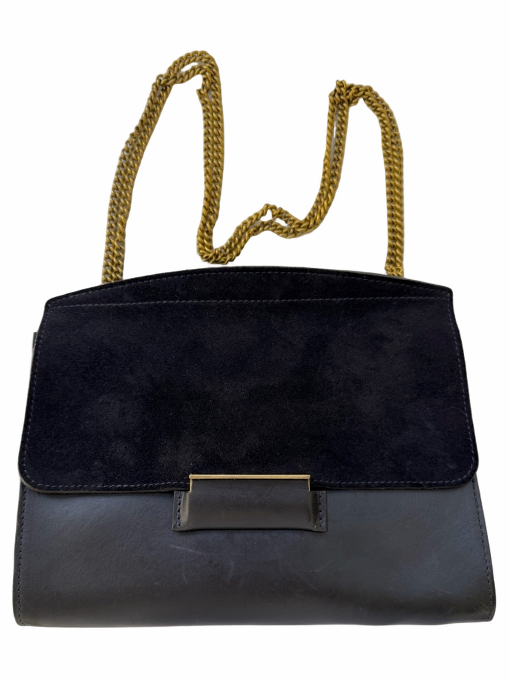 Bleu de Chauffe Origami S Clutch Crossbody Purse Black Leather Suede Gold Chain